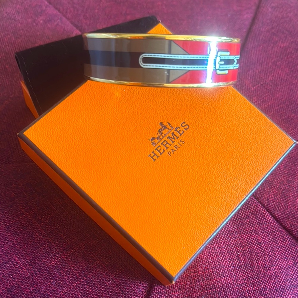 HERMES Taupe Red and Black Enamel Bangle bracelet